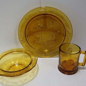 Vintage Amber Glass Nursery Rhyme Children’s Dishes Mother Goose Humpty Dumpty